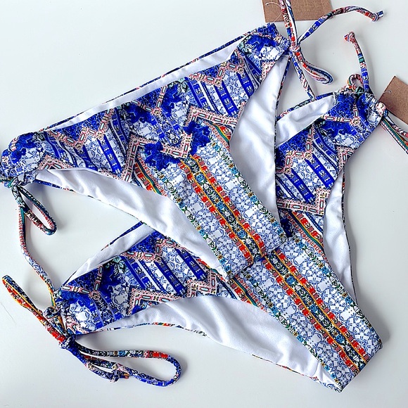 Rachel Roy tanga 1 string bikini bottom Moroccan blue orange white multi XSorM - Picture 13 of 13